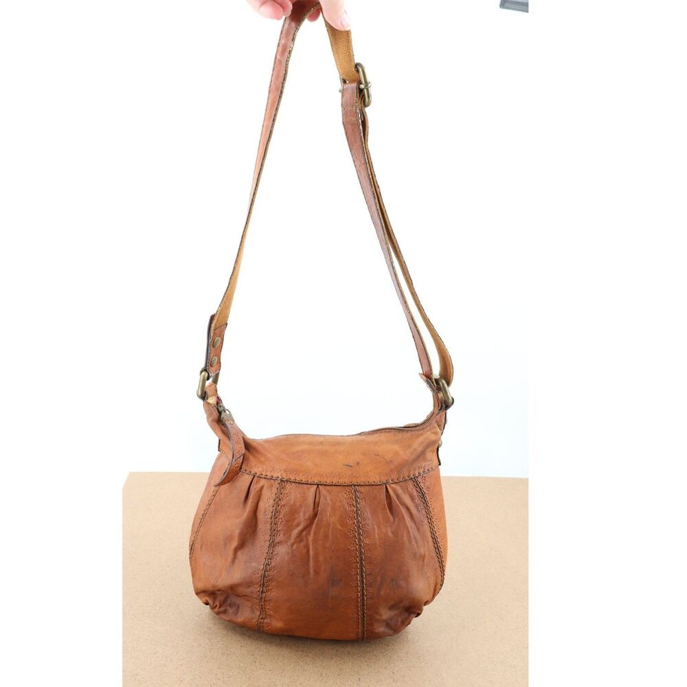 Fossil Tooled Leather Hobo Crossbody Bag Brown Leather Fabric Lined